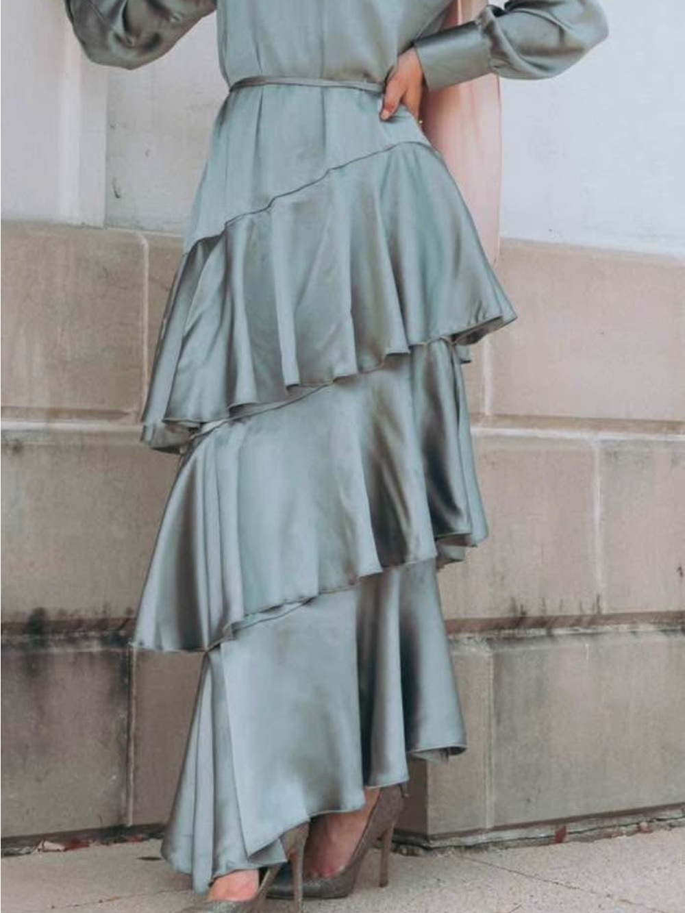 Tiered Ruffle Satin Maxi Long Sleeve Dress Size 4 Worn Once
